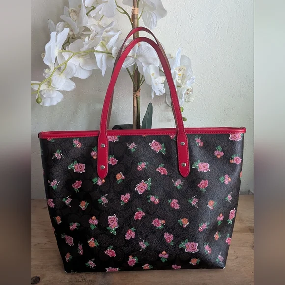 Coach City Tote Brown Leather Signature C Floral Print With Red Trim And Wallet - Picture 4 of 15